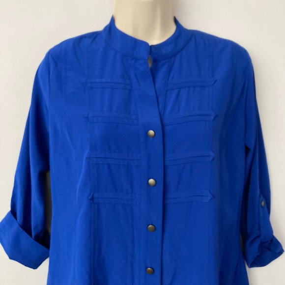 LAURA SCOTT Petites Royal Blue Mandarin Top - Picture 4 of 8